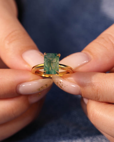 ELAINE Classic Emerald Cut Moss Agate Solitaire Engagement Ring