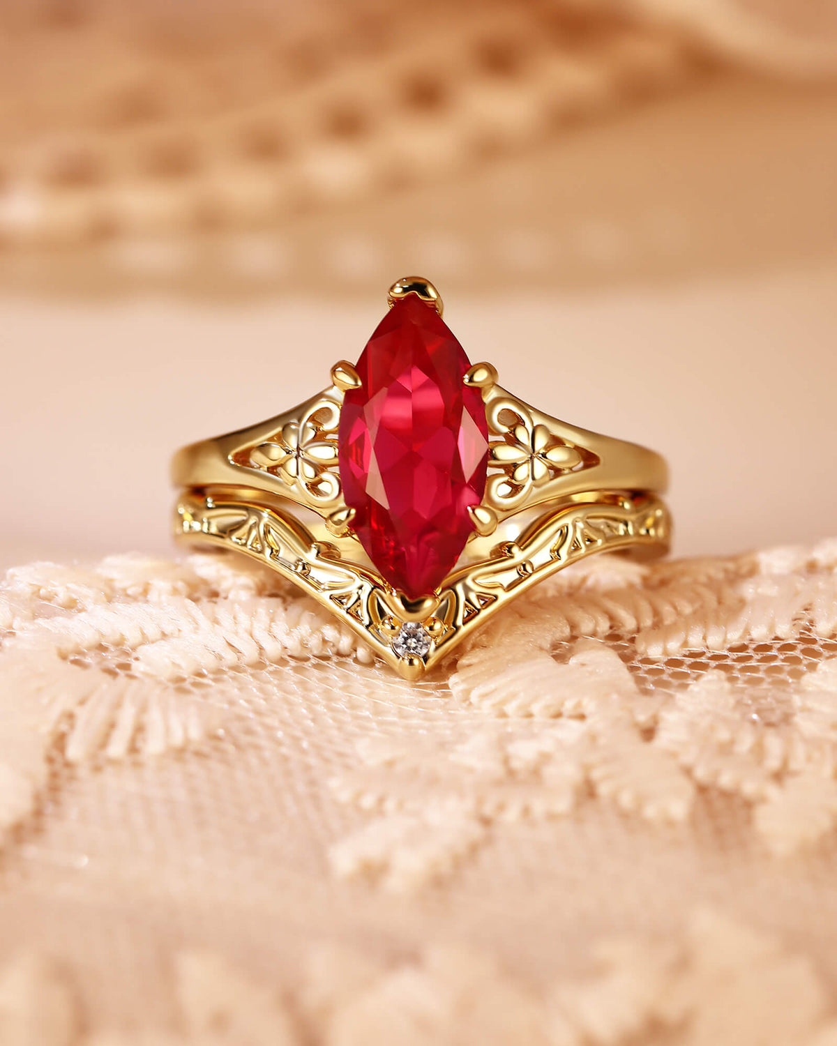SORREL Fleur-De-Lis Vintage Marquise Cut Ruby Engagement Ring Set