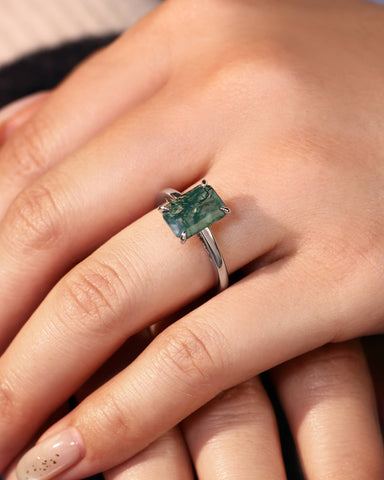 ELAINE Classic Emerald Cut Moss Agate Solitaire Engagement Ring