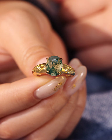 DAHLIA  Leaf Oval Shaped Moss Agate Engagement Ring