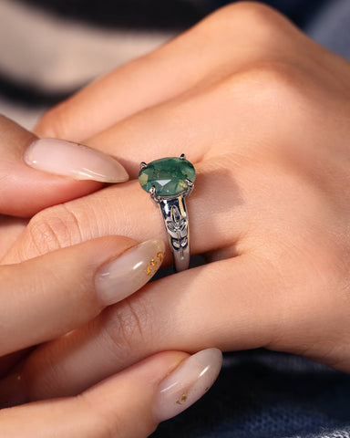 DAHLIA  Leaf Oval Shaped Moss Agate Engagement Ring