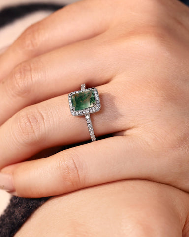 CYBELE Halo Emerald Cut Moss Agate Engagement Ring