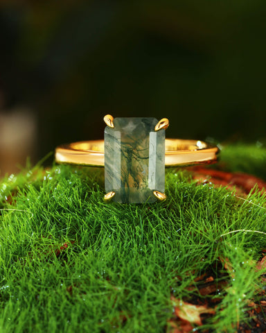 ELAINE Classic Emerald Cut Moss Agate Solitaire Engagement Ring