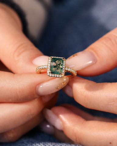 CYBELE Halo Emerald Cut Moss Agate Engagement Ring