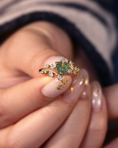HORTENSE Heart Cut Moss Agate Branch Leafy Inspired Engagement Ring