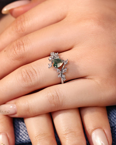 HORTENSE Heart Cut Moss Agate Branch Leafy Inspired Engagement Ring