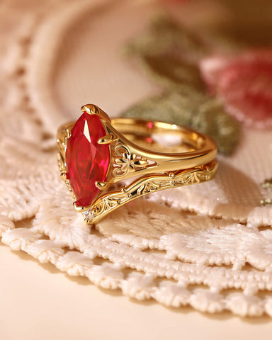SORREL Fleur-De-Lis Vintage Marquise Cut Ruby Engagement Ring Set