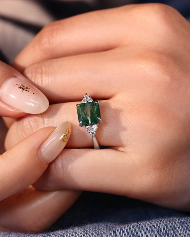 CYRA Square Shape Moss Agate Unique Engagement Ring
