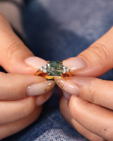CYRA Square Shape Moss Agate Unique Engagement Ring