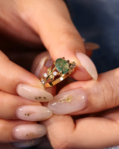 BETTINA Oval Cut Moss Agate Leafy Engagement Ring