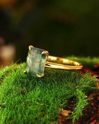 ELAINE Classic Emerald Cut Moss Agate Solitaire Engagement Ring