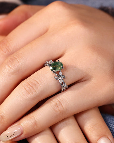 BETTINA Oval Cut Moss Agate Leafy Engagement Ring