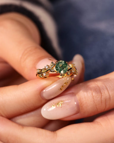 NOREEN Round Cut Moss Agate Vine Fairytale Engagement Ring