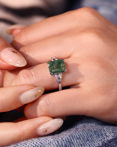 ABELLA Vintage Three Stone Emerald Cut Moss Agate Engagement Ring