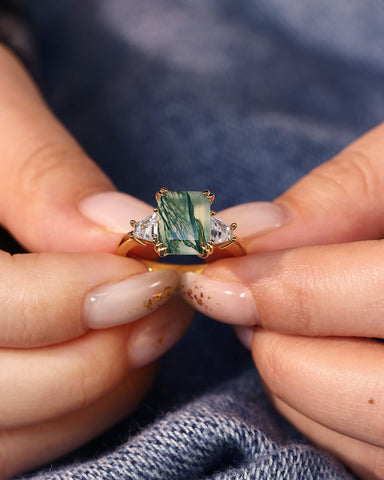 ABELLA Vintage Three Stone Emerald Cut Moss Agate Engagement Ring