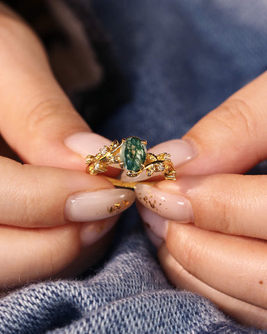FABIOLA Oval Cut Moss Agate Engagement Ring with Vine Leaf