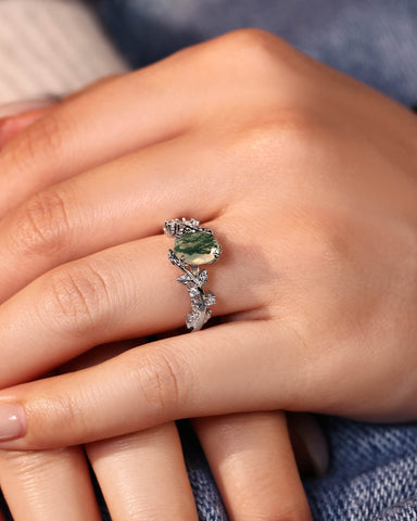 FABIOLA Oval Cut Moss Agate Engagement Ring with Vine Leaf