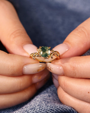 EVERLY Cushion Cut Moss Agate Forestcore Leafy Engagement Ring