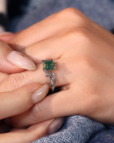 EVERLY Cushion Cut Moss Agate Forestcore Leafy Engagement Ring