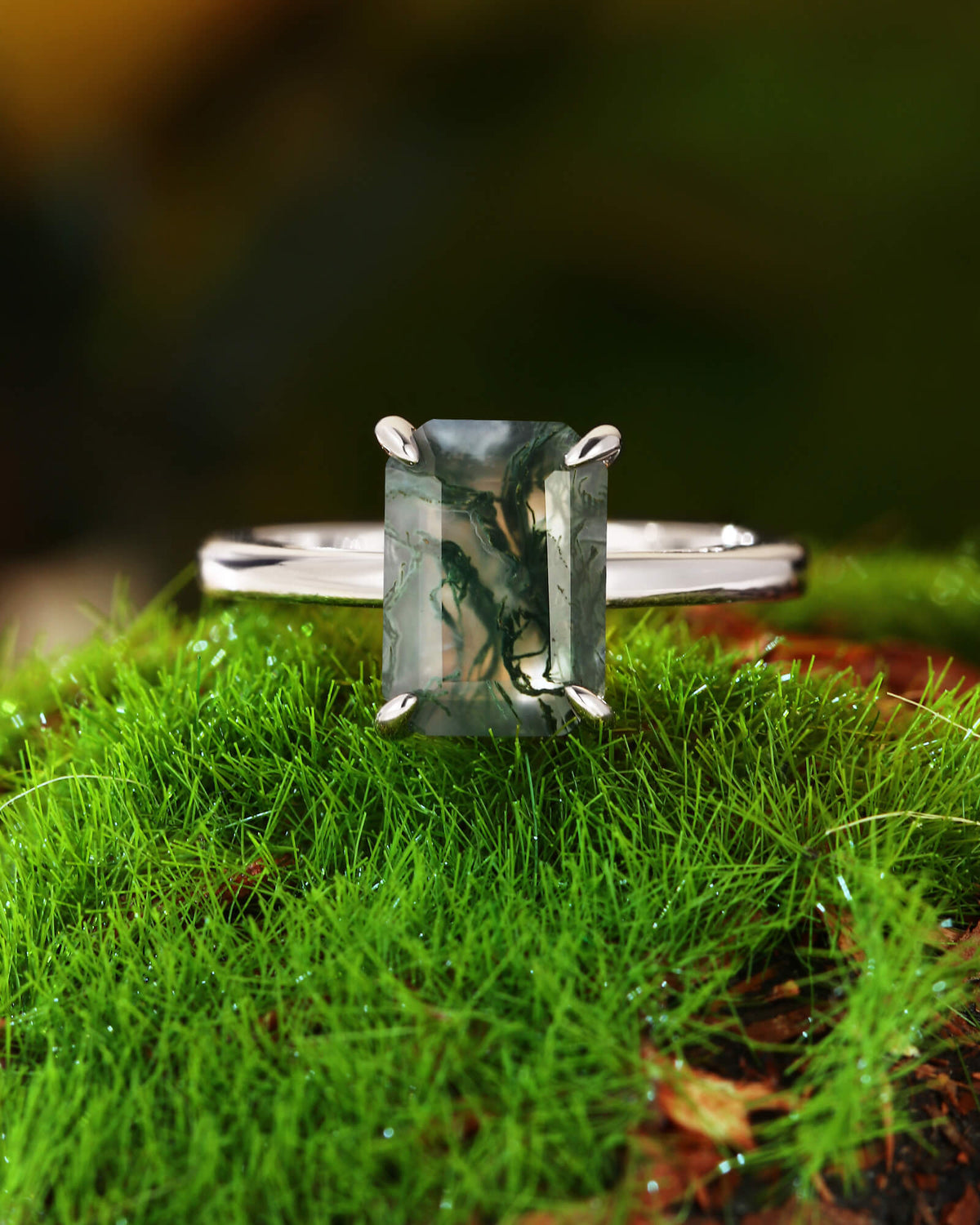 ELAINE Classic Emerald Cut Moss Agate Solitaire Engagement Ring