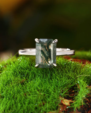 ELAINE Classic Emerald Cut Moss Agate Solitaire Engagement Ring