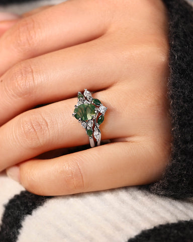 WINONA Oval Moss Agate Engagement Ring Set Cluster Moissanite Moss Agate Bridal Set