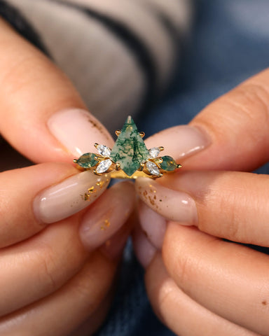 REBECCA Kite Cut Moss Agate Mixed Marquise Moissanite Cluster Engagement Ring
