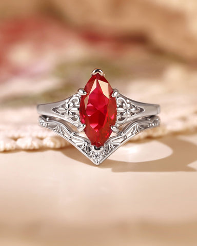 SORREL Fleur-De-Lis Vintage Marquise Cut Ruby Engagement Ring Set