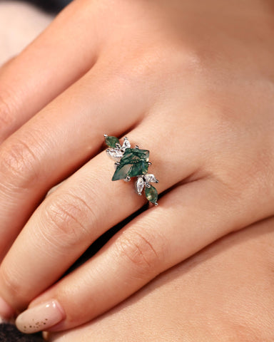 REBECCA Kite Cut Moss Agate Mixed Marquise Moissanite Cluster Engagement Ring