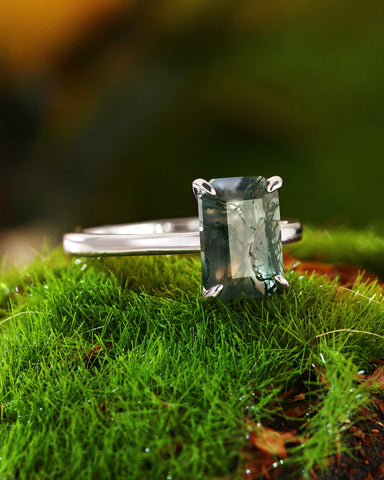 ELAINE Classic Emerald Cut Moss Agate Solitaire Engagement Ring