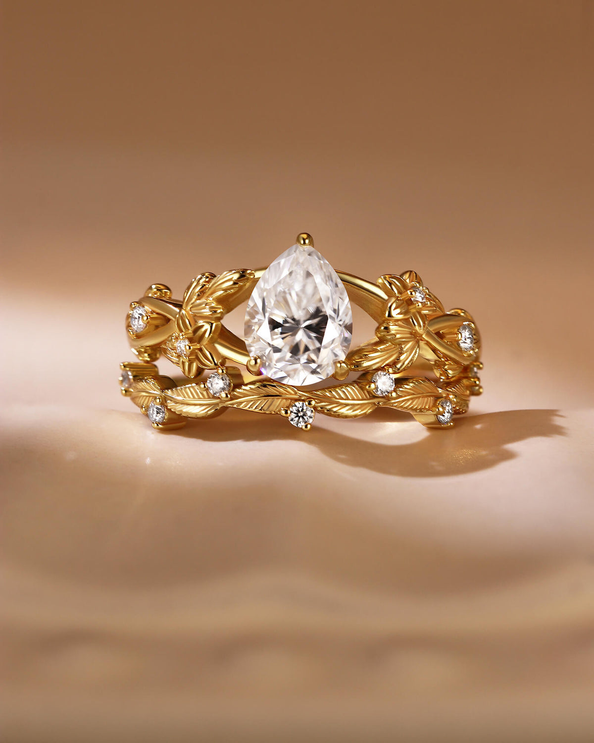 PALOMA Nature Inspired  Pear Cut Moissanite Engagement Ring Set with Leaf Wedding Band