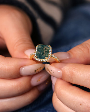 THISTLE Halo Emerald Shaped Moss Agate Engagement Ring