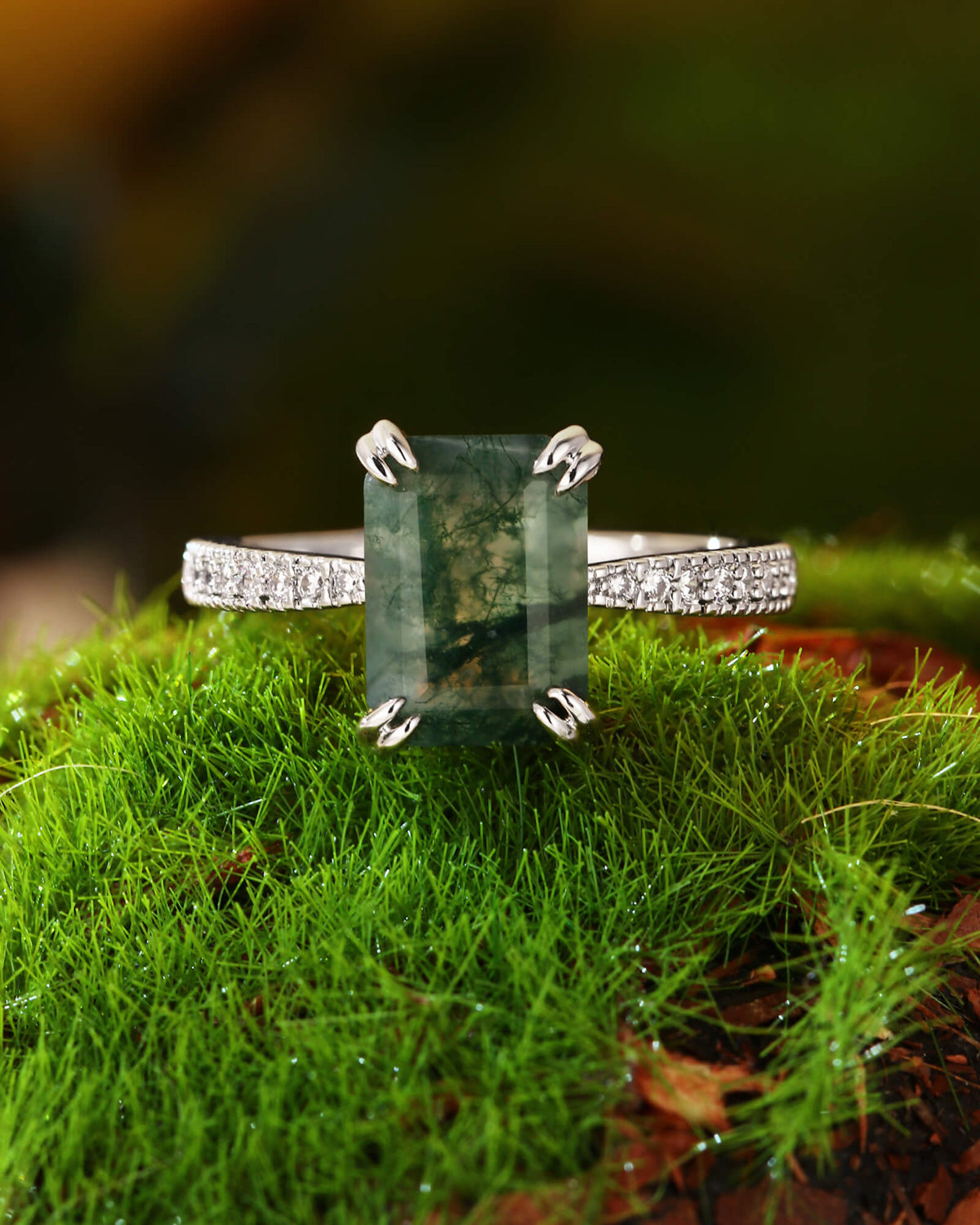 REVERIE Emerald Cut Moss Agate Double Claw Engagement Ring