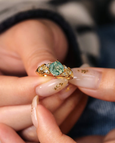 BREEZE Leaf Cushion Shaped Moss Agate Engagement Ring