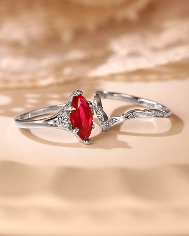 SORREL Fleur-De-Lis Vintage Marquise Cut Ruby Engagement Ring Set