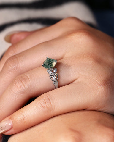BREEZE Leaf Cushion Shaped Moss Agate Engagement Ring