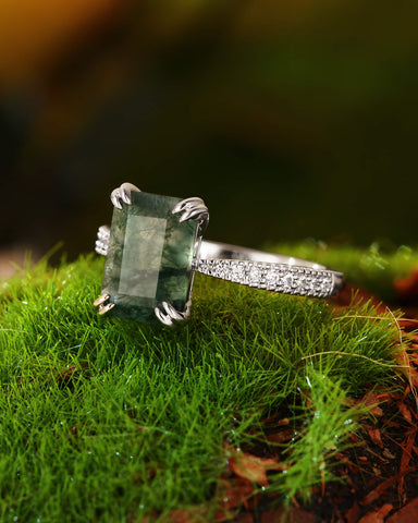 REVERIE Emerald Cut Moss Agate Double Claw Engagement Ring