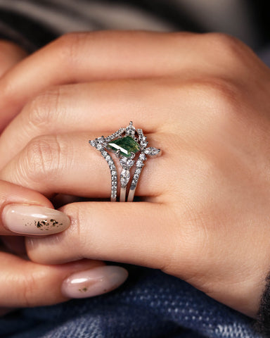 ELYSIA Vintage Kite Cut Moss Agate Engagement Ring Set