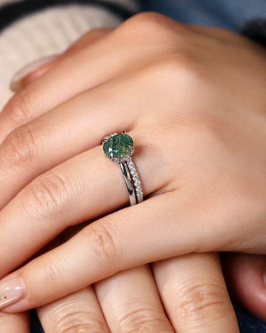 GOLDIE Oval Cut Hidden Halo Moss Agate Ring Set