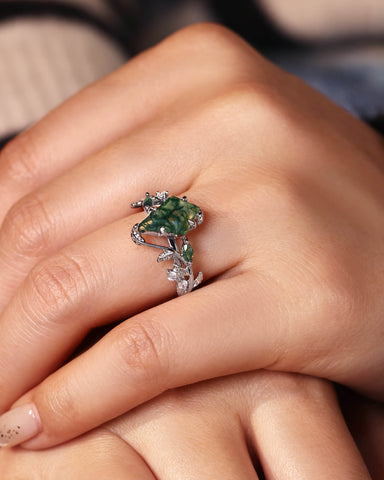 CORALIE Leaf Wrap Kite Cut Moss Agate Engagement Ring