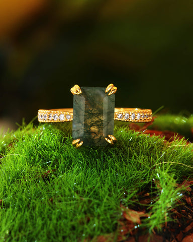REVERIE Emerald Cut Moss Agate Double Claw Engagement Ring