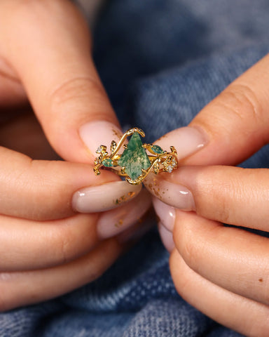 CORALIE Leaf Wrap Kite Cut Moss Agate Engagement Ring