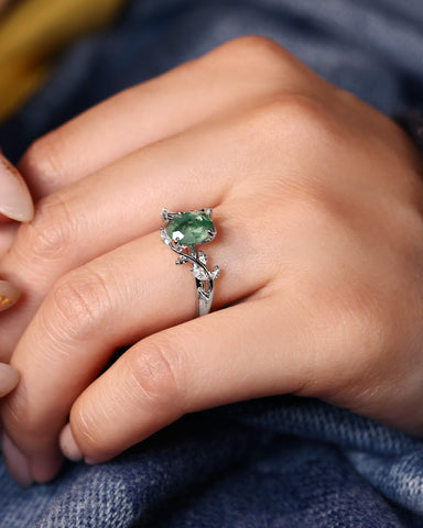 CALLA Vine Leaf Oval Moss Agate Engagement Ring