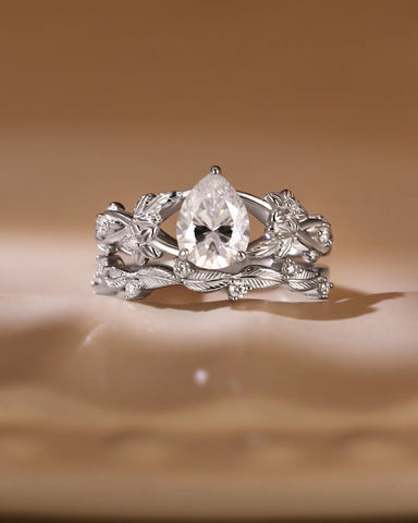 PALOMA Nature Inspired  Pear Cut Moissanite Engagement Ring Set with Leaf Wedding Band