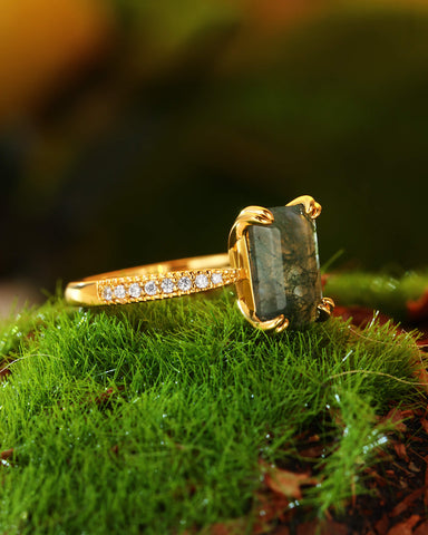 REVERIE Emerald Cut Moss Agate Double Claw Engagement Ring