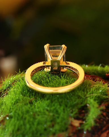 REVERIE Emerald Cut Moss Agate Double Claw Engagement Ring