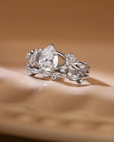 PALOMA Nature Inspired  Pear Cut Moissanite Engagement Ring Set with Leaf Wedding Band