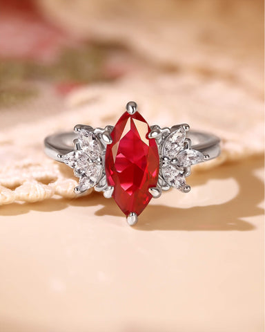 CORAL Unique Cluster Marquise Cut Ruby Engagement Ring