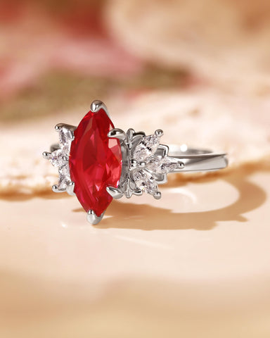 CORAL Unique Cluster Marquise Cut Ruby Engagement Ring