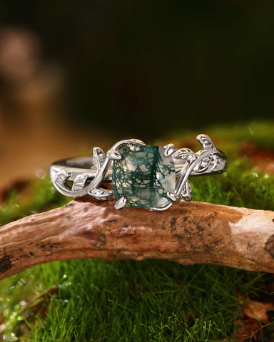 EVERLY Cushion Cut Moss Agate Forestcore Leafy Engagement Ring
